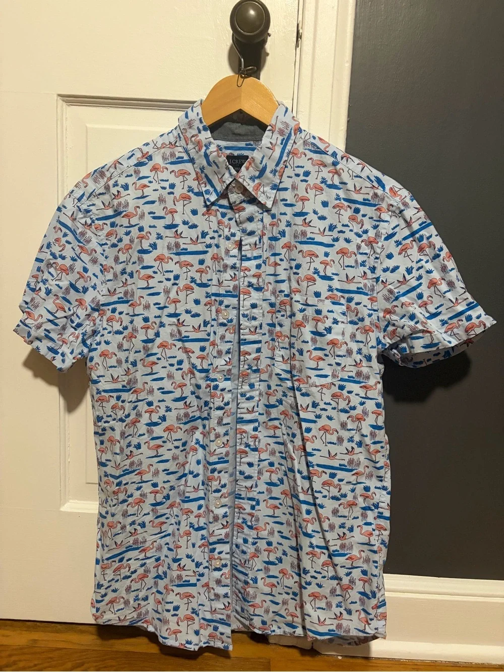 J. Crew Light Blue Flamingo & Water Print Short-Sleeve Shirt